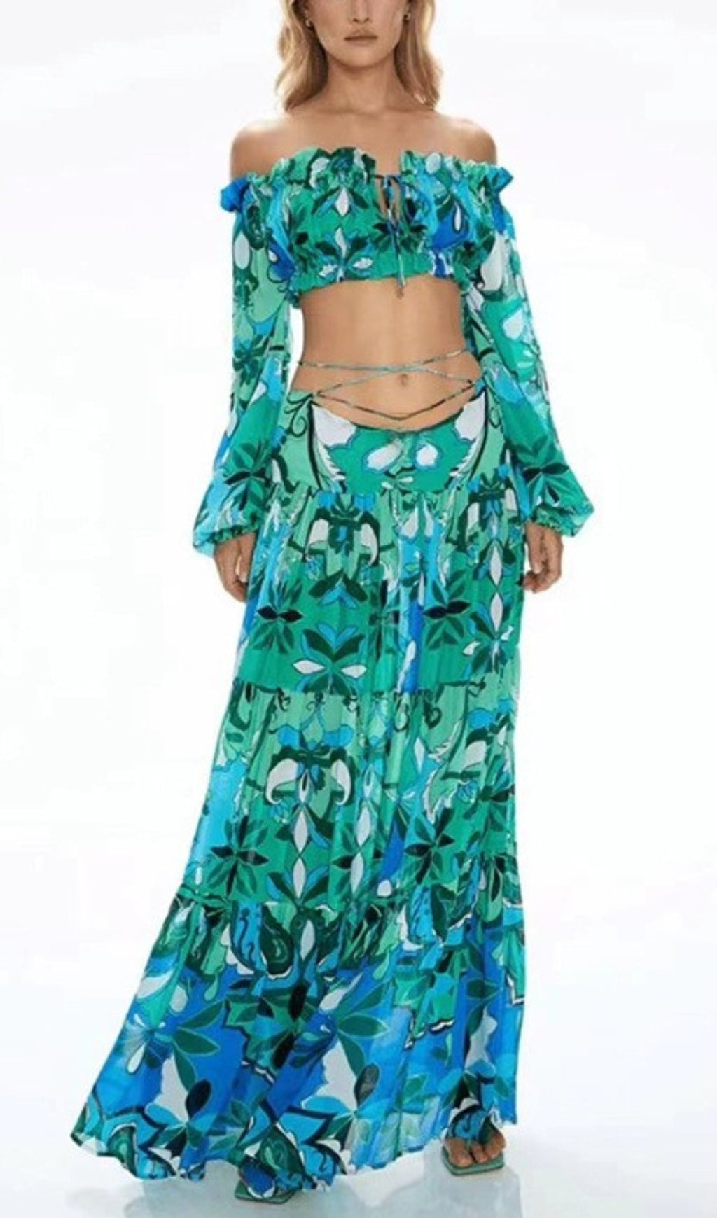 Daya Green Printed Puff Sleeve Top & Skirt Set