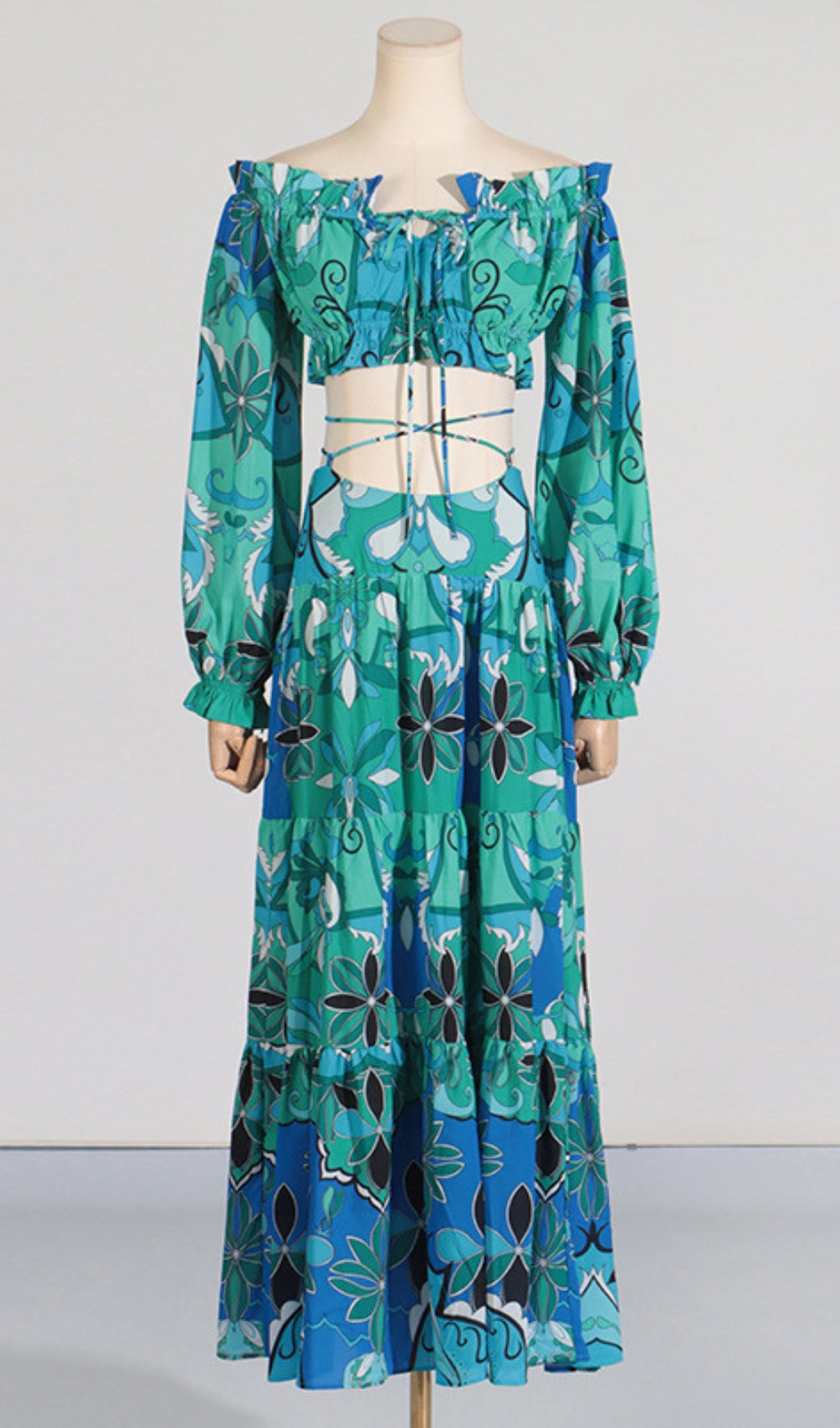 Daya Green Printed Puff Sleeve Top & Skirt Set