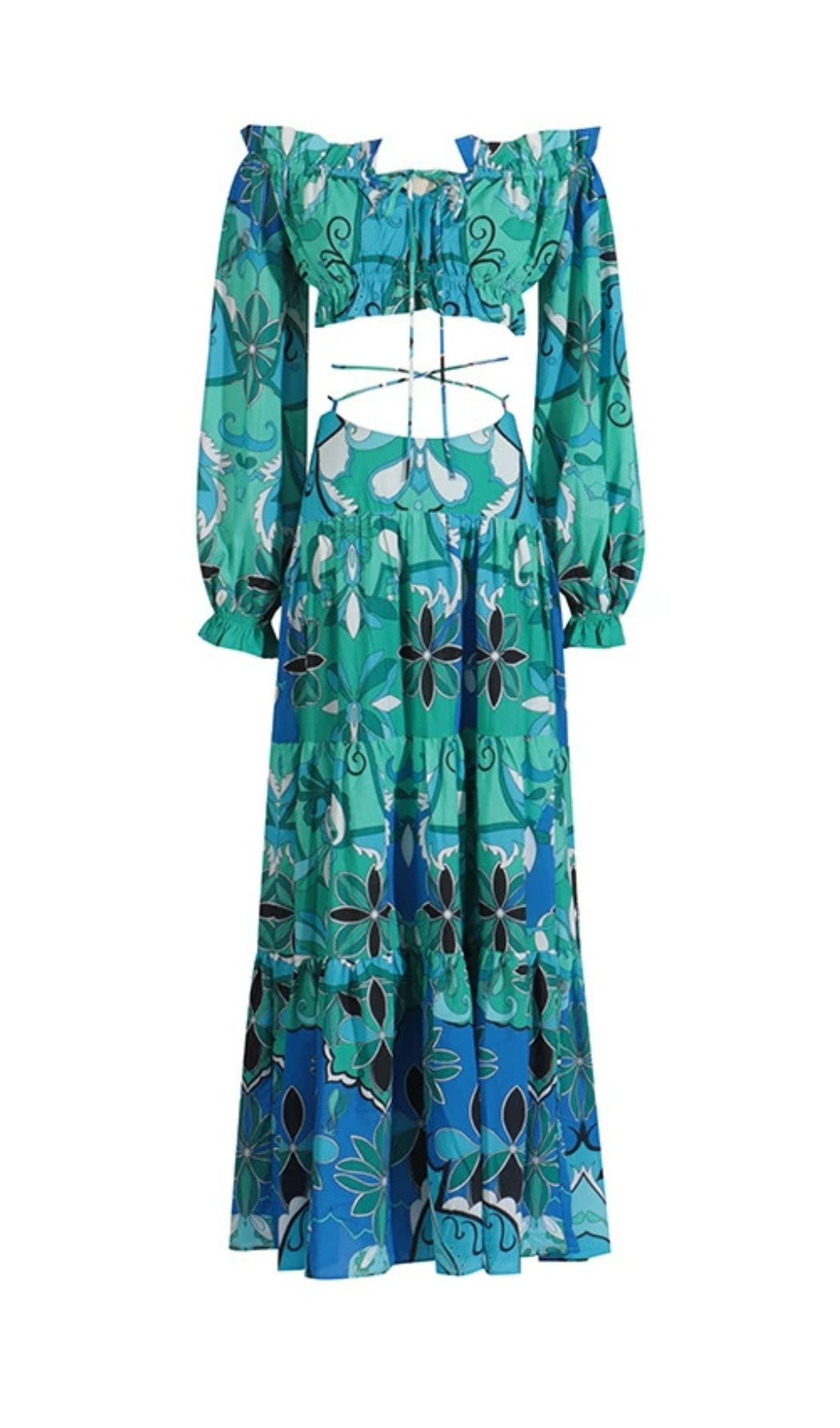 Daya Green Printed Puff Sleeve Top & Skirt Set